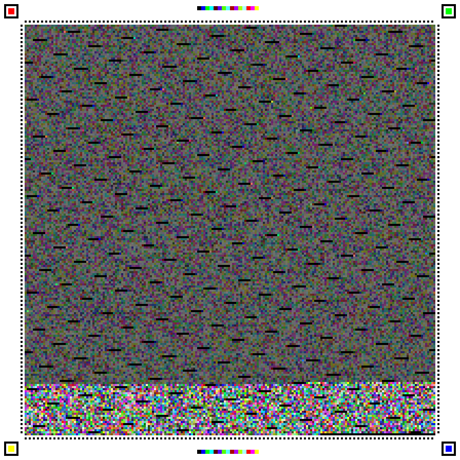 Original CVP2-E01 RGB24 image with a 200 by 200 data grid, four corner landmarks and narrow reference strips.